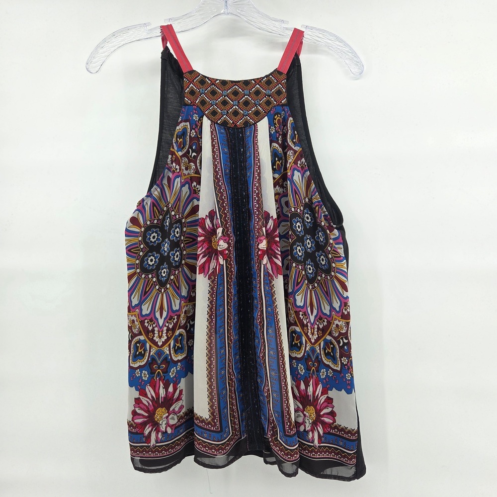 One September Halter Tank Top S Black Floral Beaded Boho‎ Eclectic Art-Inspired